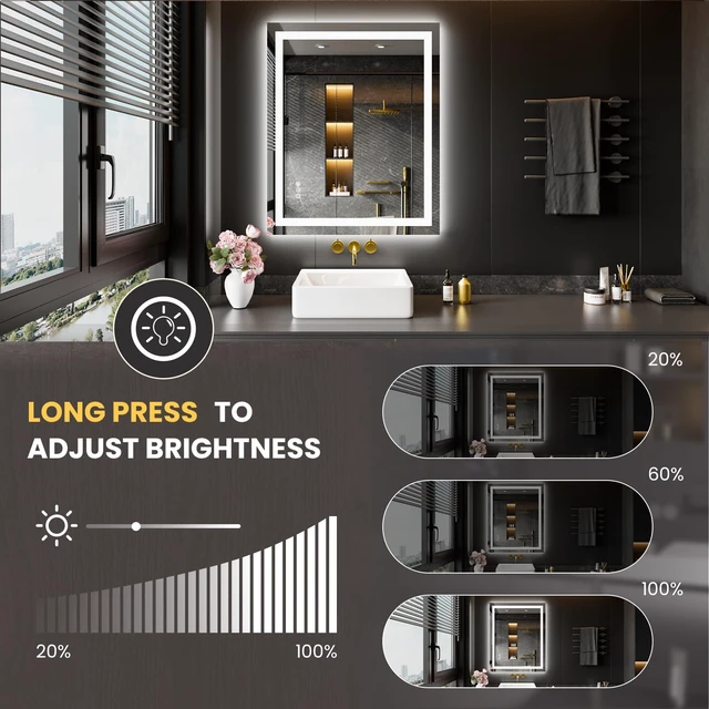 Alt view image 4 of 7 - 20"X28" LED Bathroom Mirror with Lights, UL Listed | Anti-Fog, Dimmable, 3 Color Temperature, Backlit + Front Lit, Memory Function, Tempered Glass