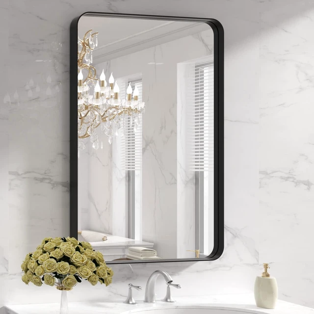Main image of 28X36 Inch Black Bathroom Mirror Metal Framed | Matte Black, Rounded Rectangle, Anti-Rust, Hangs Horizontally or Vertically