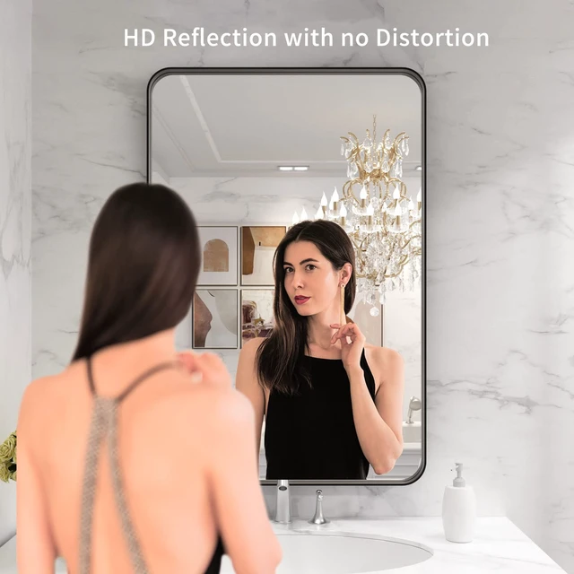 Alt view image 2 of 6 - 28X36 Inch Black Bathroom Mirror Metal Framed | Matte Black, Rounded Rectangle, Anti-Rust, Hangs Horizontally or Vertically