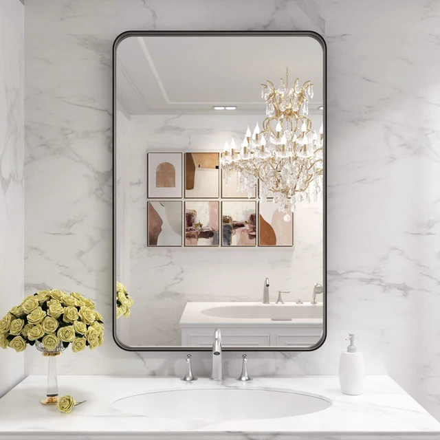 Alt view image 6 of 6 - 28X36 Inch Black Bathroom Mirror Metal Framed | Matte Black, Rounded Rectangle, Anti-Rust, Hangs Horizontally or Vertically