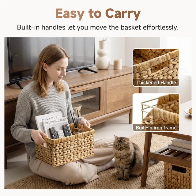 Alt view image 4 of 7 - Wicker Basket, Baskets for Organizing, Storage Basket with Built-in Handles, Water Hyacinth Shelves (Medium 4-Pack, Natural Hyacinth)