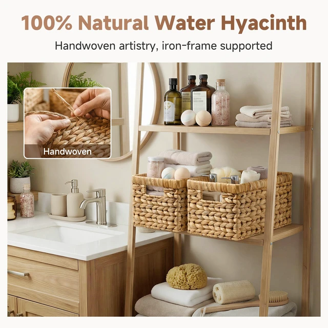 Alt view image 5 of 7 - Wicker Basket, Baskets for Organizing, Storage Basket with Built-in Handles, Water Hyacinth Shelves (Medium 4-Pack, Natural Hyacinth)