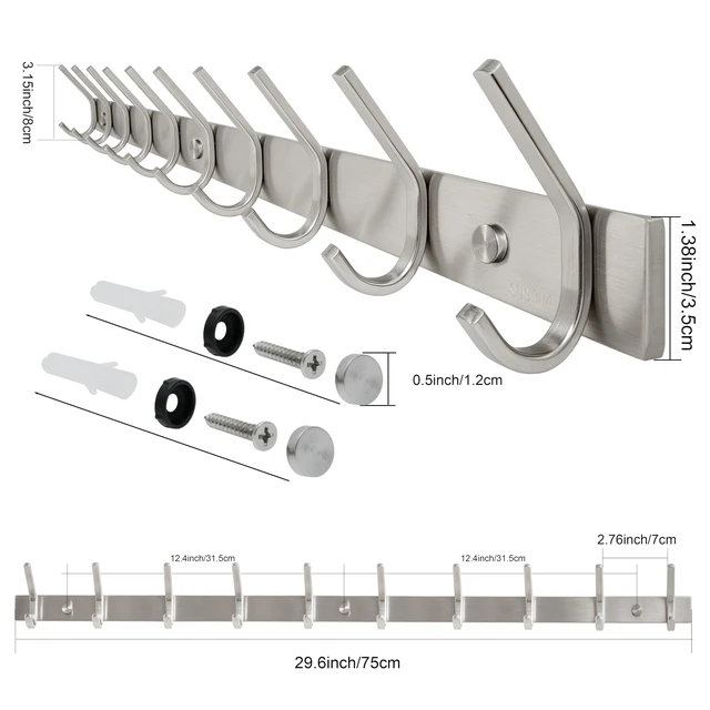 Alt view image 3 of 7 - 10 Hooks, Heavy Duty 30 Inch Stainless Steel 304 Hook Rail Coat Rack with 10 Hooks, Satin Finish, Great Home Storage & Organization for Bedroom, Bathroom, Foyers, Hallways,2Packs
