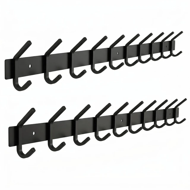 Main image of Coat Rack Wall Mount 30 Inch Stainless Steel Hook Rail with 10 Double Coat Hooks for Hanging Wall Mounted Entryway Organizer for Coats, Hats, Bags, Towels, Robes, Closet or Bathroom - Black 2 Pack
