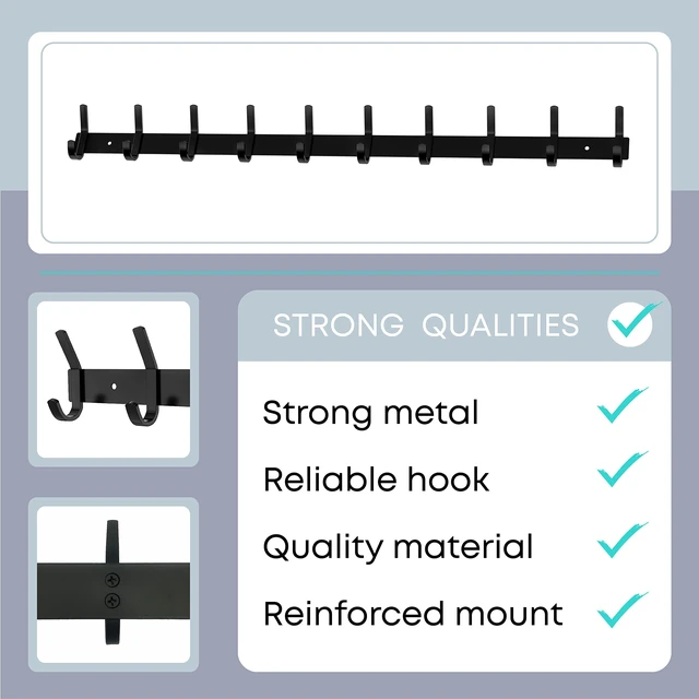 Alt view image 3 of 7 - Coat Rack Wall Mount 30 Inch Stainless Steel Hook Rail with 10 Double Coat Hooks for Hanging Wall Mounted Entryway Organizer for Coats, Hats, Bags, Towels, Robes, Closet or Bathroom - Black 2 Pack