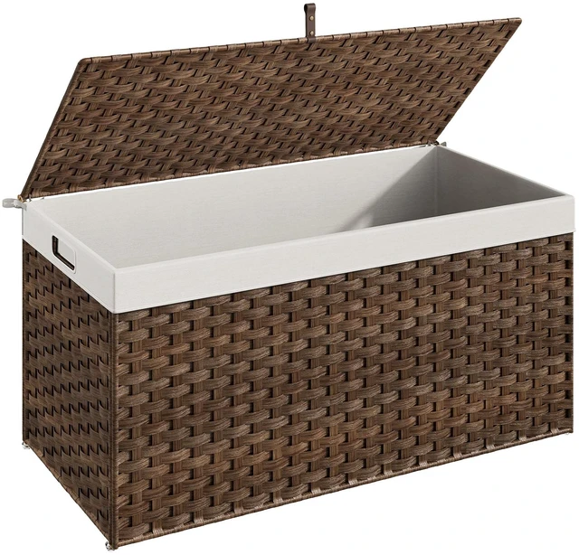 Main image of Storage Basket with Lid, 52.8 Gallon (200L) Wicker Basket, Handwoven Blanket Storage Basket with Handles, Metal Frame and Soft Lining, Foldable for Bedroom, Laundry Room, Brown BR220CW01