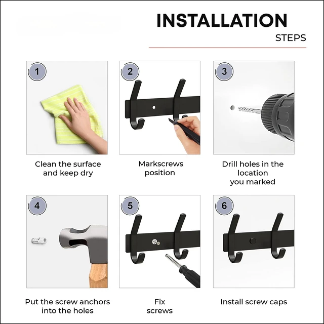 Alt view image 6 of 7 - Coat Rack Wall Mount 30 Inch Stainless Steel Hook Rail with 10 Double Coat Hooks for Hanging Wall Mounted Entryway Organizer for Coats, Hats, Bags, Towels, Robes, Closet or Bathroom - Black 2 Pack