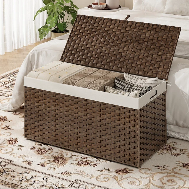 Alt view image 2 of 7 - Storage Basket with Lid, 52.8 Gallon (200L) Wicker Basket, Handwoven Blanket Storage Basket with Handles, Metal Frame and Soft Lining, Foldable for Bedroom, Laundry Room, Brown BR220CW01