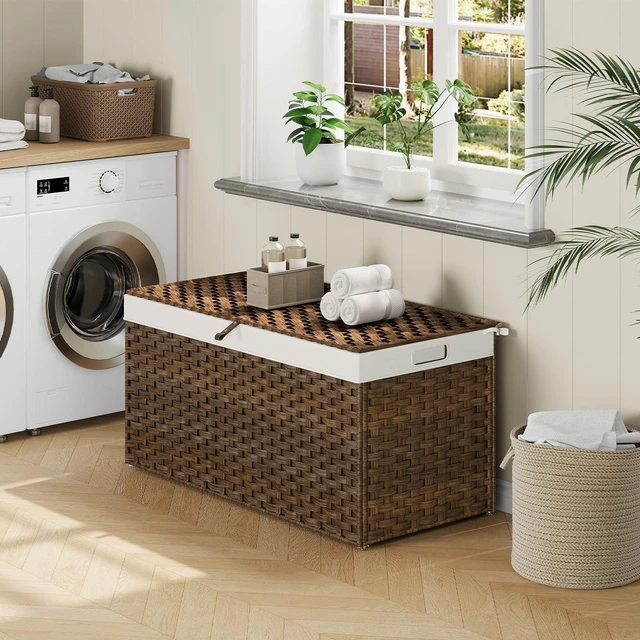 Alt view image 5 of 7 - Storage Basket with Lid, 52.8 Gallon (200L) Wicker Basket, Handwoven Blanket Storage Basket with Handles, Metal Frame and Soft Lining, Foldable for Bedroom, Laundry Room, Brown BR220CW01