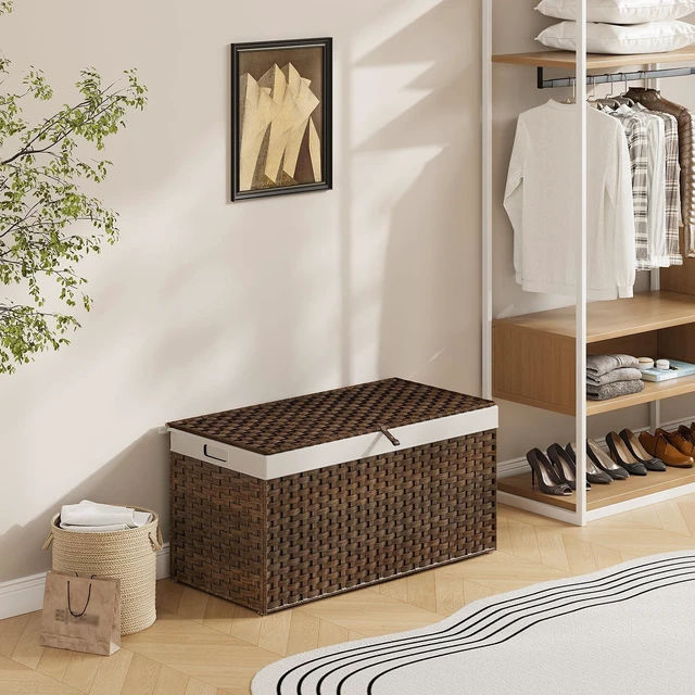 Alt view image 4 of 7 - Storage Basket with Lid, 52.8 Gallon (200L) Wicker Basket, Handwoven Blanket Storage Basket with Handles, Metal Frame and Soft Lining, Foldable for Bedroom, Laundry Room, Brown BR220CW01