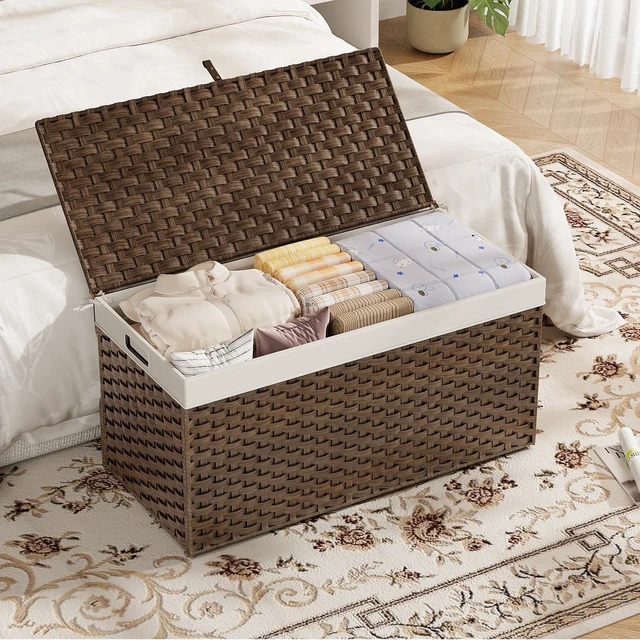 Alt view image 6 of 7 - Storage Basket with Lid, 52.8 Gallon (200L) Wicker Basket, Handwoven Blanket Storage Basket with Handles, Metal Frame and Soft Lining, Foldable for Bedroom, Laundry Room, Brown BR220CW01