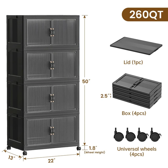 Alt view image 2 of 6 - 260Qt Stackable Storage Bins,Storage Cabinet with a Lid,4 Pack Black | Stackable Storage Drawers with Lids,22" W x 13" D x 50" H,Featuring open-front Access for Clothes and Closet Storage