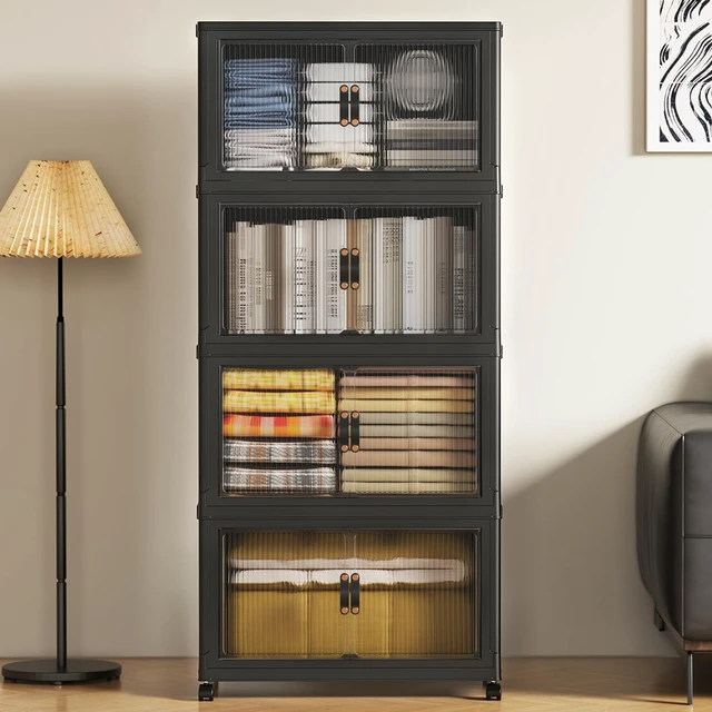 Alt view image 4 of 6 - 260Qt Stackable Storage Bins,Storage Cabinet with a Lid,4 Pack Black | Stackable Storage Drawers with Lids,22" W x 13" D x 50" H,Featuring open-front Access for Clothes and Closet Storage