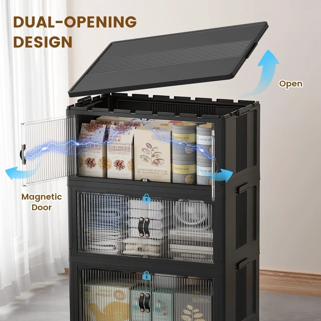 Alt view image 5 of 6 - 260Qt Stackable Storage Bins,Storage Cabinet with a Lid,4 Pack Black | Stackable Storage Drawers with Lids,22" W x 13" D x 50" H,Featuring open-front Access for Clothes and Closet Storage
