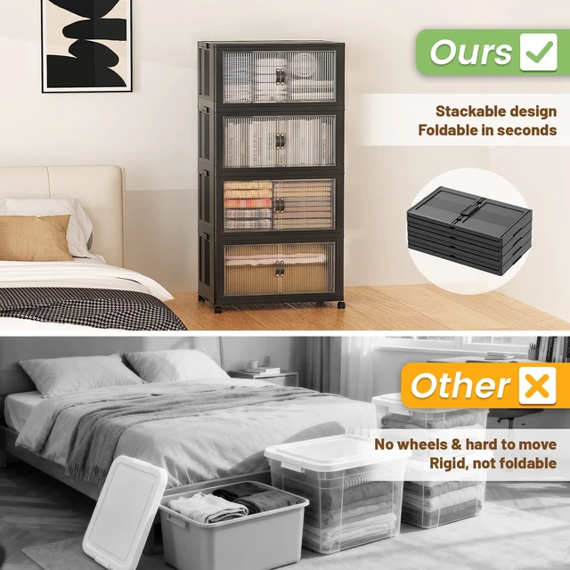 Alt view image 6 of 6 - 260Qt Stackable Storage Bins,Storage Cabinet with a Lid,4 Pack Black | Stackable Storage Drawers with Lids,22" W x 13" D x 50" H,Featuring open-front Access for Clothes and Closet Storage