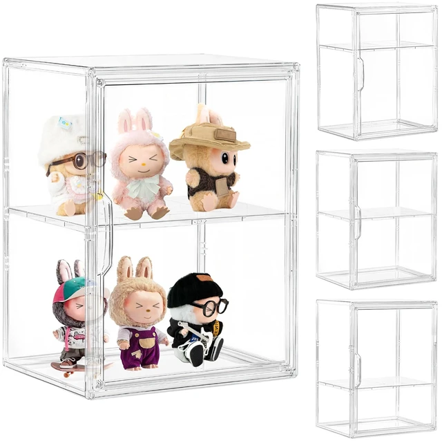 Main image of 2 Tier Stackable Shelf Acrylic Display Case with Magnetic Lid 4-Pack | Clear Acrylic Box with Magnetic Door and Removable Shelf, for Makeup, Figures, Purse Storage, Dustproof Display Organizer
