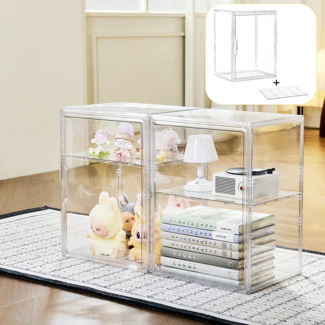 Alt view image 2 of 6 - 2 Tier Stackable Shelf Acrylic Display Case with Magnetic Lid 4-Pack | Clear Acrylic Box with Magnetic Door and Removable Shelf, for Makeup, Figures, Purse Storage, Dustproof Display Organizer