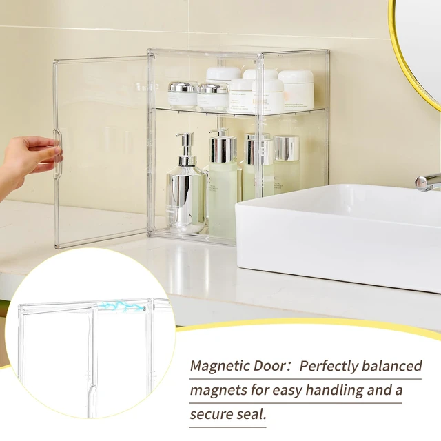Alt view image 4 of 6 - 2 Tier Stackable Shelf Acrylic Display Case with Magnetic Lid 4-Pack | Clear Acrylic Box with Magnetic Door and Removable Shelf, for Makeup, Figures, Purse Storage, Dustproof Display Organizer