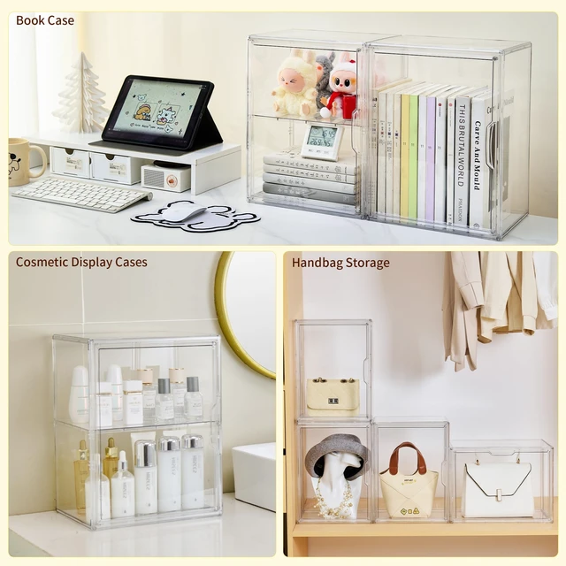 Alt view image 5 of 6 - 2 Tier Stackable Shelf Acrylic Display Case with Magnetic Lid 4-Pack | Clear Acrylic Box with Magnetic Door and Removable Shelf, for Makeup, Figures, Purse Storage, Dustproof Display Organizer