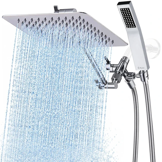 Main image of All Metal 10" Dual Square Shower Head Combo | Rain Shower Head | Handheld Shower Wand | Adjustable | Smooth 3-Way Diverter | 71" Extra Long Hose - A Bathroom Upgrade (Chrome)