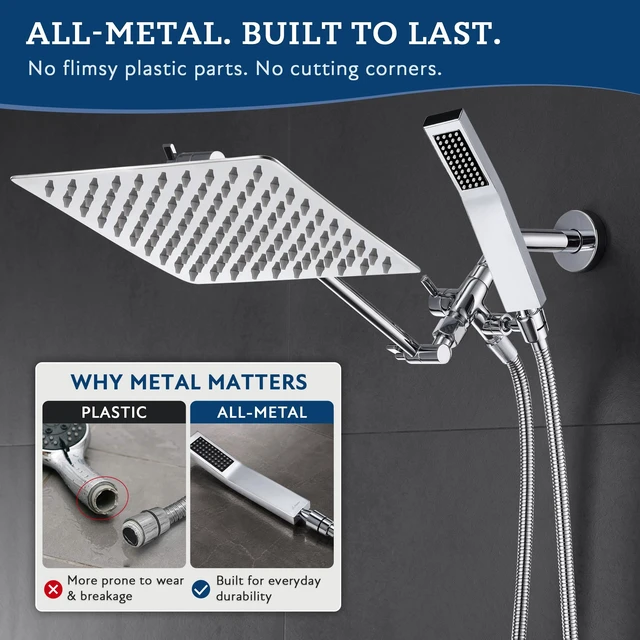 Alt view image 3 of 7 - All Metal 10" Dual Square Shower Head Combo | Rain Shower Head | Handheld Shower Wand | Adjustable | Smooth 3-Way Diverter | 71" Extra Long Hose - A Bathroom Upgrade (Chrome)