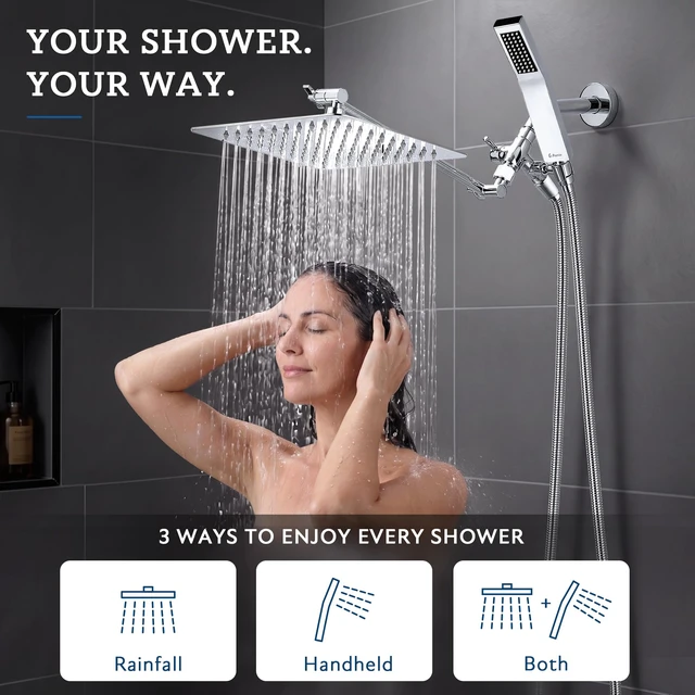 Alt view image 6 of 7 - All Metal 10" Dual Square Shower Head Combo | Rain Shower Head | Handheld Shower Wand | Adjustable | Smooth 3-Way Diverter | 71" Extra Long Hose - A Bathroom Upgrade (Chrome)