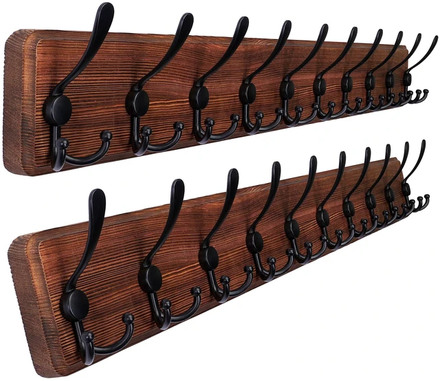 Main image of Rustic Coat Rack Wall Mount, 10 Hooks, 38.6'' Long, Brown, Pack of 2 | Rustic finish, 100 lb capacity, entryway bedroom mudroom, wall mount, 16" stud spacing, hardware included, rustproof hooks
