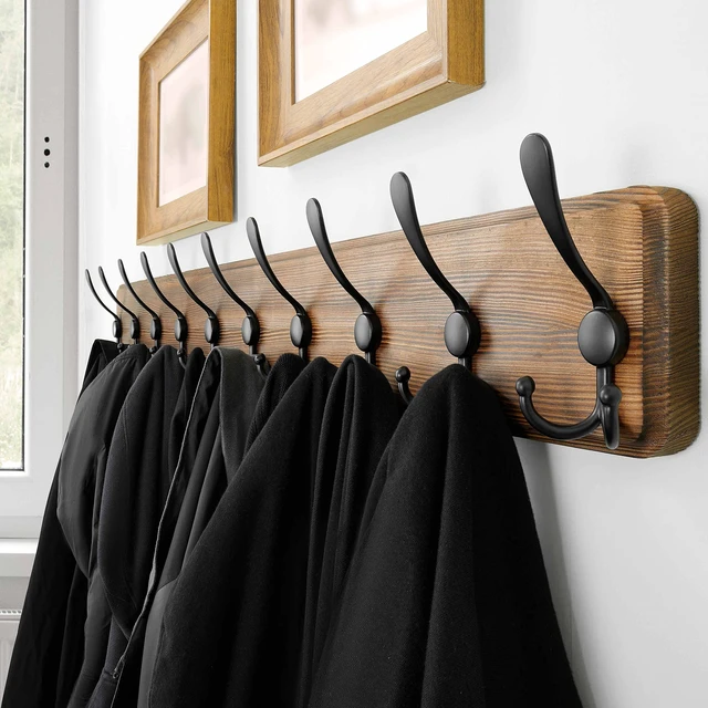 Alt view image 2 of 7 - Rustic Coat Rack Wall Mount, 10 Hooks, 38.6'' Long, Brown, Pack of 2 | Rustic finish, 100 lb capacity, entryway bedroom mudroom, wall mount, 16" stud spacing, hardware included, rustproof hooks