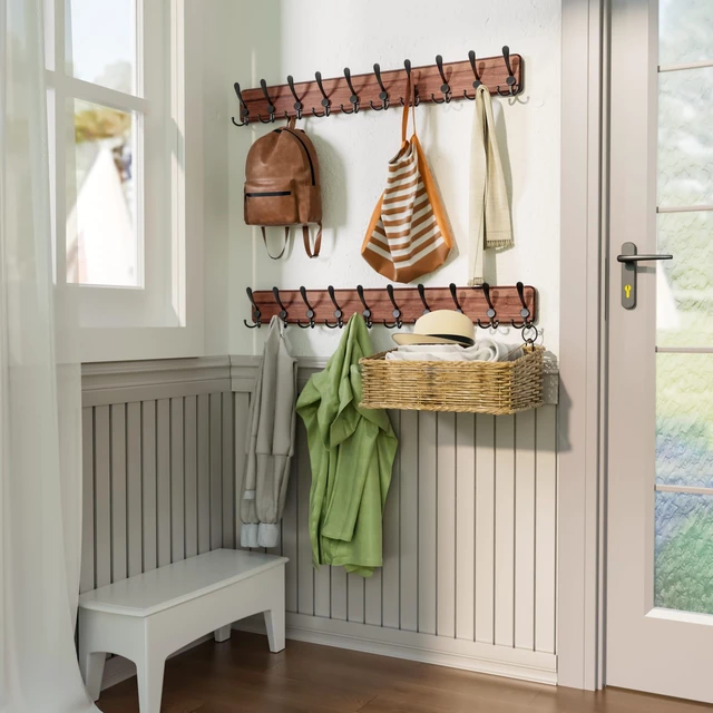 Alt view image 3 of 7 - Rustic Coat Rack Wall Mount, 10 Hooks, 38.6'' Long, Brown, Pack of 2 | Rustic finish, 100 lb capacity, entryway bedroom mudroom, wall mount, 16" stud spacing, hardware included, rustproof hooks