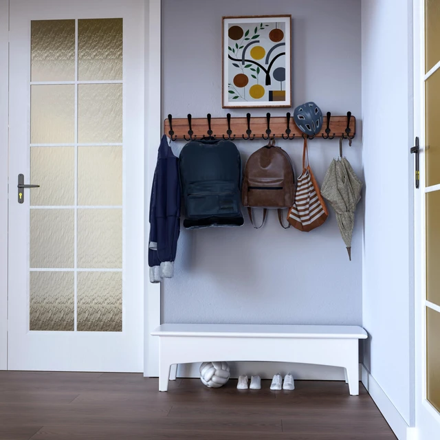 Alt view image 5 of 7 - Rustic Coat Rack Wall Mount, 10 Hooks, 38.6'' Long, Brown, Pack of 2 | Rustic finish, 100 lb capacity, entryway bedroom mudroom, wall mount, 16" stud spacing, hardware included, rustproof hooks