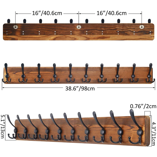 Alt view image 6 of 7 - Rustic Coat Rack Wall Mount, 10 Hooks, 38.6'' Long, Brown, Pack of 2 | Rustic finish, 100 lb capacity, entryway bedroom mudroom, wall mount, 16" stud spacing, hardware included, rustproof hooks