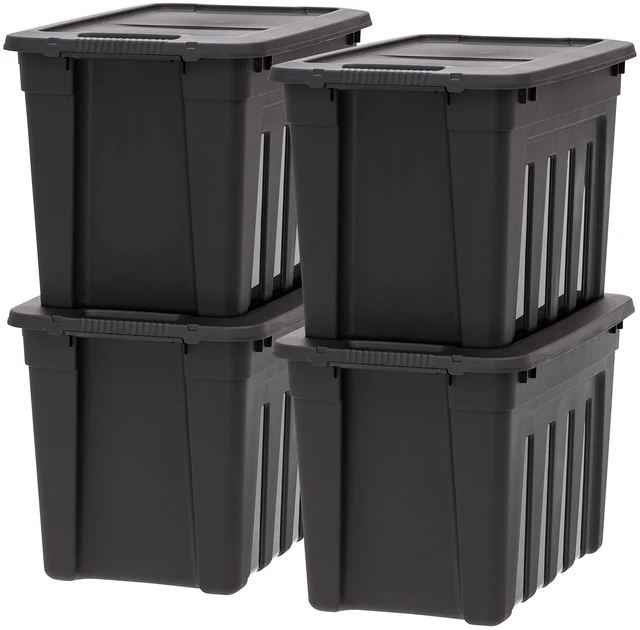 Main image of 4-Pack 20 Gal Heavy Duty Storage Totes with Lids, Black | Heavy-duty design with easy-grip handles for comfortable carrying, Great for tools, garage organization, camping gear
