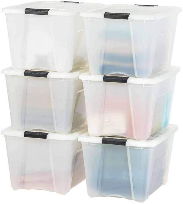 Main image of 6-Pack 54 Quart Storage Bins with Lids, Pearl | Conceals stored items for a clean look, Nestable design saves space between uses