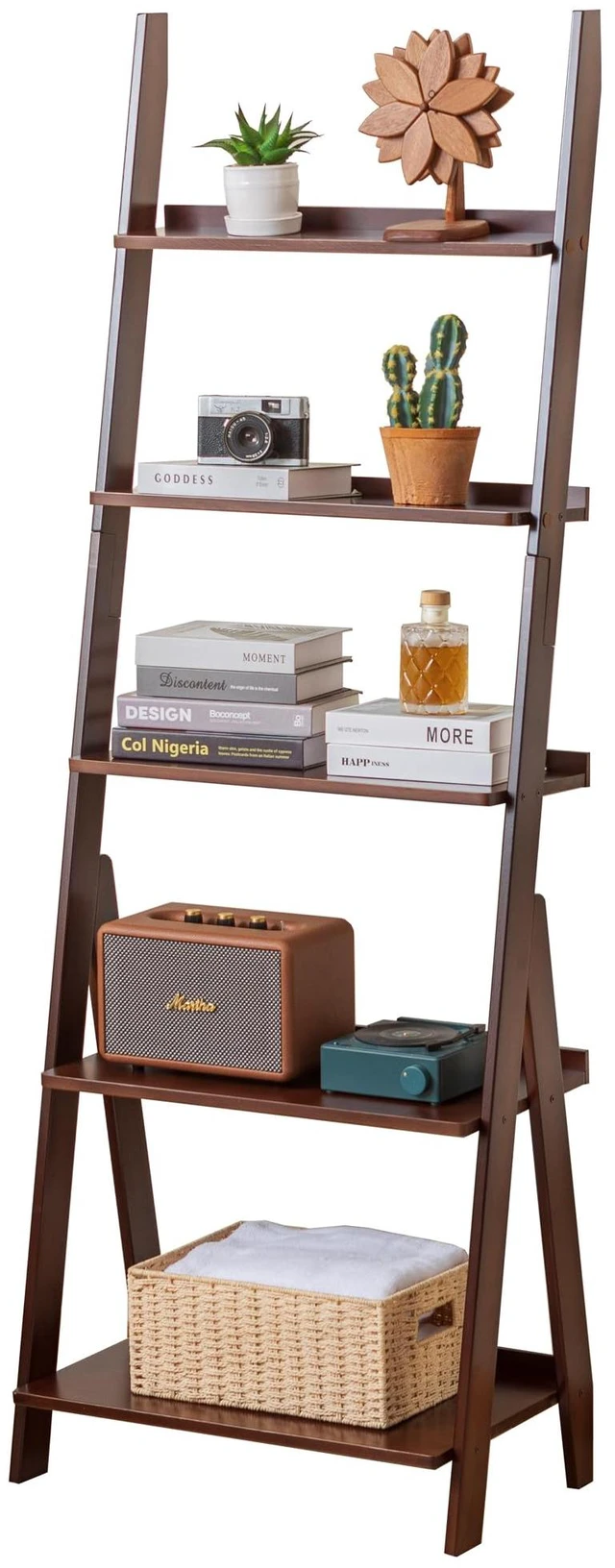 Main image of Bamboo Ladder Shelf Bookcase, 5-Tier Leaning Bookshelf Free Standing Organizer Storage Shelves for Living Room, Bedroom, Kitchen, Home Office, Balcony, Dark Walnut