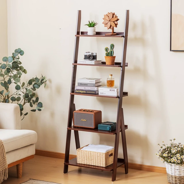 Alt view image 2 of 7 - Bamboo Ladder Shelf Bookcase, 5-Tier Leaning Bookshelf Free Standing Organizer Storage Shelves for Living Room, Bedroom, Kitchen, Home Office, Balcony, Dark Walnut