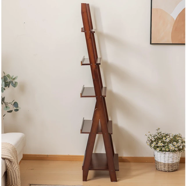 Alt view image 3 of 7 - Bamboo Ladder Shelf Bookcase, 5-Tier Leaning Bookshelf Free Standing Organizer Storage Shelves for Living Room, Bedroom, Kitchen, Home Office, Balcony, Dark Walnut