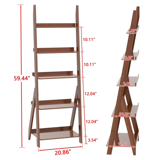 Alt view image 4 of 7 - Bamboo Ladder Shelf Bookcase, 5-Tier Leaning Bookshelf Free Standing Organizer Storage Shelves for Living Room, Bedroom, Kitchen, Home Office, Balcony, Dark Walnut