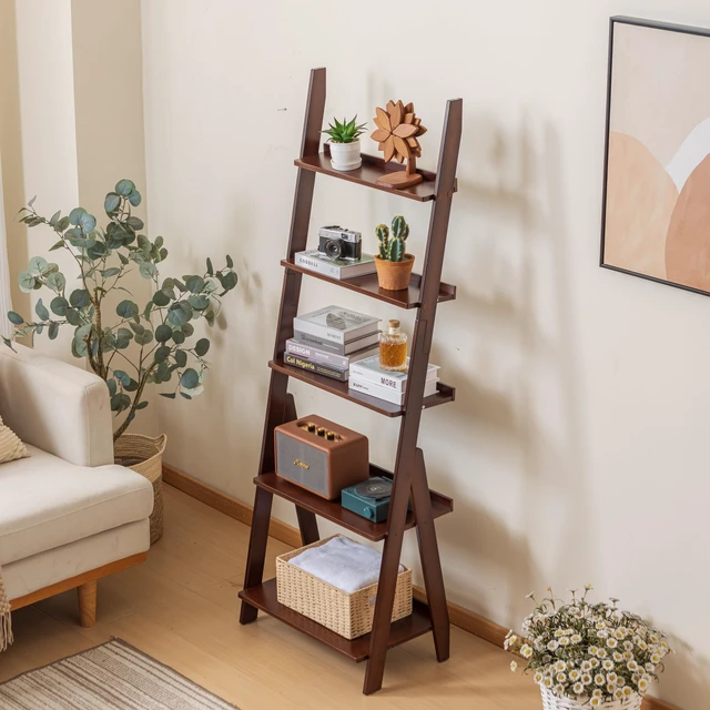 Alt view image 5 of 7 - Bamboo Ladder Shelf Bookcase, 5-Tier Leaning Bookshelf Free Standing Organizer Storage Shelves for Living Room, Bedroom, Kitchen, Home Office, Balcony, Dark Walnut