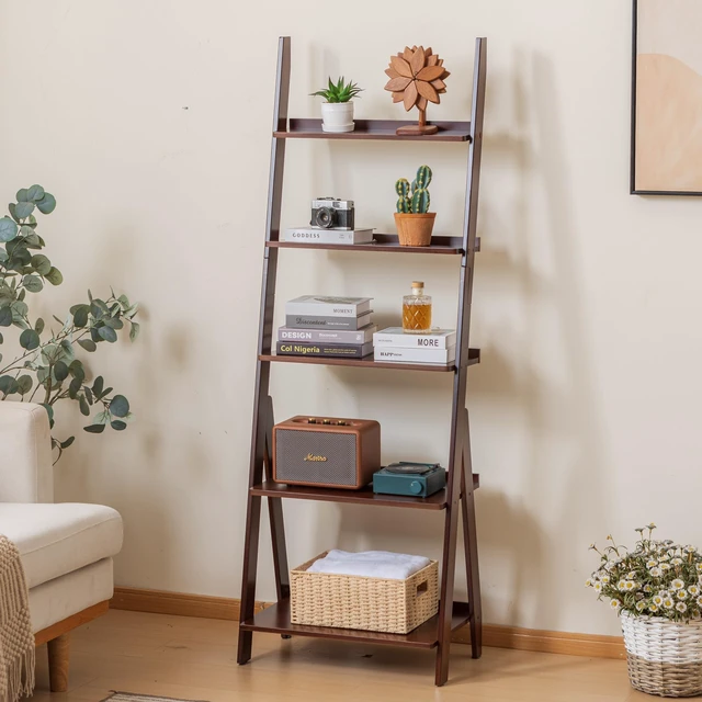 Alt view image 6 of 7 - Bamboo Ladder Shelf Bookcase, 5-Tier Leaning Bookshelf Free Standing Organizer Storage Shelves for Living Room, Bedroom, Kitchen, Home Office, Balcony, Dark Walnut