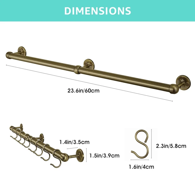 Alt view image 2 of 7 - Stainless Steel Hanging Pot Rack Hanger: 23.7 Inch Pot and Pan Hanger Wall Mounted Hanging Pot Bar Rack Heavy Duty Pot Hangers Kitchen Rail with 8 S Hooks (Antique Brass)