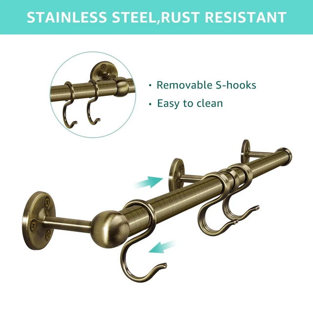 Alt view image 3 of 7 - Stainless Steel Hanging Pot Rack Hanger: 23.7 Inch Pot and Pan Hanger Wall Mounted Hanging Pot Bar Rack Heavy Duty Pot Hangers Kitchen Rail with 8 S Hooks (Antique Brass)