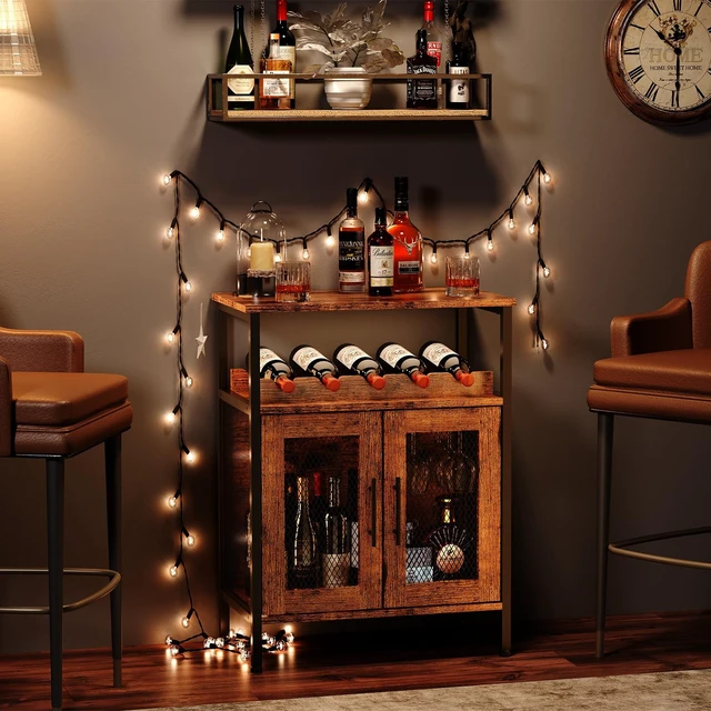 Alt view image 2 of 7 - Wine Bar Rack Cabinet with Detachable Wine Rack, Coffee Barwith Glass Holder, Small Sideboard and Buffet Cabinet with Mesh Door, Rustic Brown(Patent Pending)