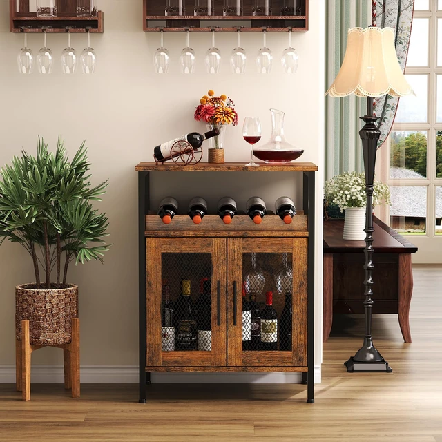 Alt view image 3 of 7 - Wine Bar Rack Cabinet with Detachable Wine Rack, Coffee Barwith Glass Holder, Small Sideboard and Buffet Cabinet with Mesh Door, Rustic Brown(Patent Pending)