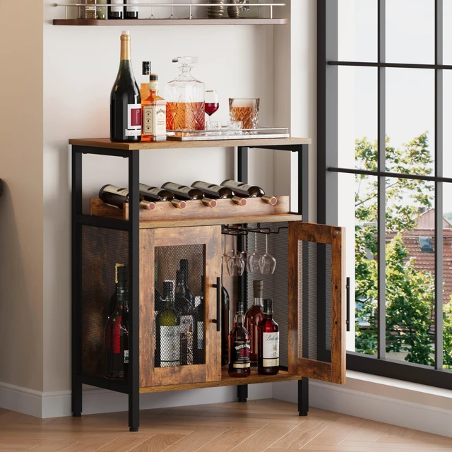 Main image of Wine Bar Rack Cabinet with Detachable Wine Rack, Coffee Barwith Glass Holder, Small Sideboard and Buffet Cabinet with Mesh Door, Rustic Brown(Patent Pending)