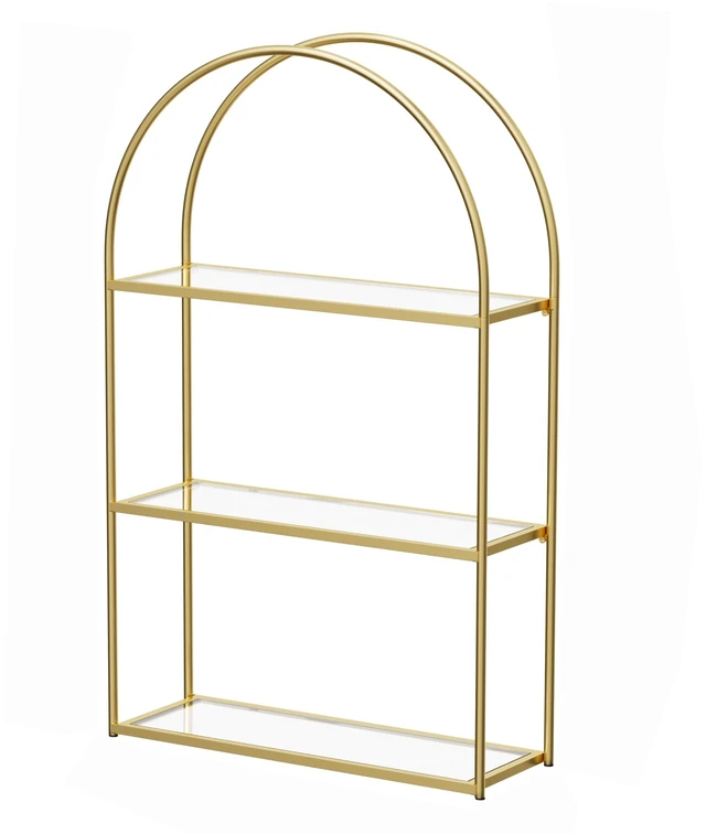 Main image of 3-Tier Arched Wall Shelf with Gold Frame & Transparent Shelves | Sturdy Tempered Clear Glass Shelves with Ample Storage Space; Decor for Living Room, Bath, Kitchen, Vanity & Home Office