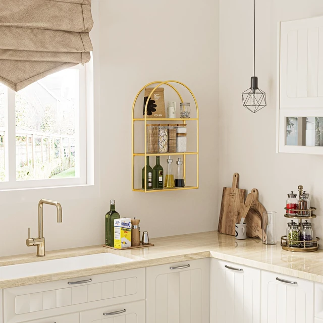 Alt view image 4 of 6 - 3-Tier Arched Wall Shelf with Gold Frame & Transparent Shelves | Sturdy Tempered Clear Glass Shelves with Ample Storage Space; Decor for Living Room, Bath, Kitchen, Vanity & Home Office