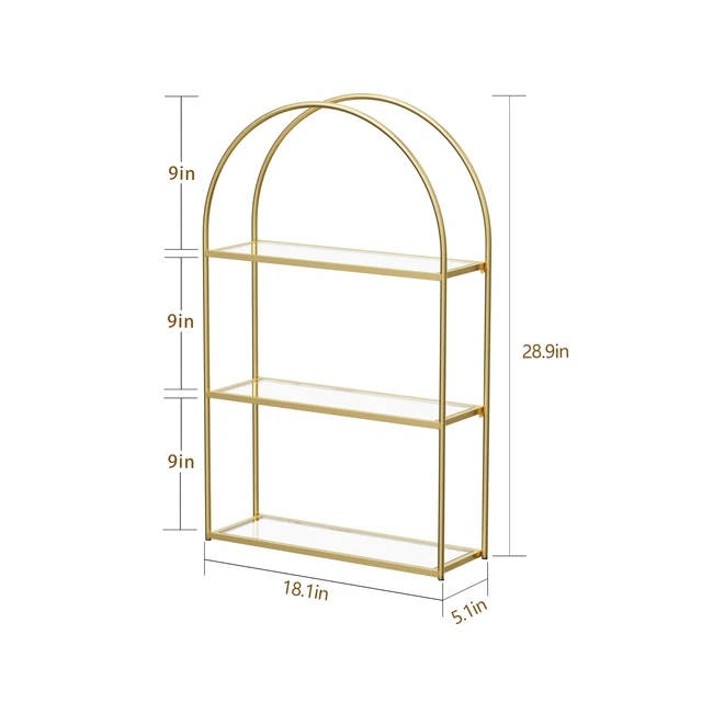 Alt view image 3 of 6 - 3-Tier Arched Wall Shelf with Gold Frame & Transparent Shelves | Sturdy Tempered Clear Glass Shelves with Ample Storage Space; Decor for Living Room, Bath, Kitchen, Vanity & Home Office