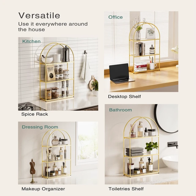 Alt view image 6 of 6 - 3-Tier Arched Wall Shelf with Gold Frame & Transparent Shelves | Sturdy Tempered Clear Glass Shelves with Ample Storage Space; Decor for Living Room, Bath, Kitchen, Vanity & Home Office