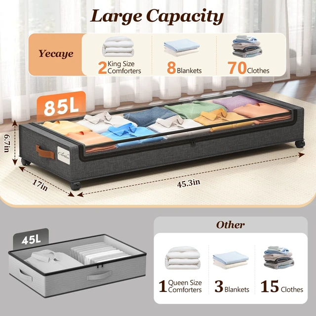 Alt view image 2 of 7 - 85 L Under Bed Storage with Wheels, 2 Pack Extra Large Under Bed Storage Containers with Metal Frame & Clear Lid, Rolling Underbed Organizer Bins Drawers for Clothes, Shoes, Blankets, Hemp Grey