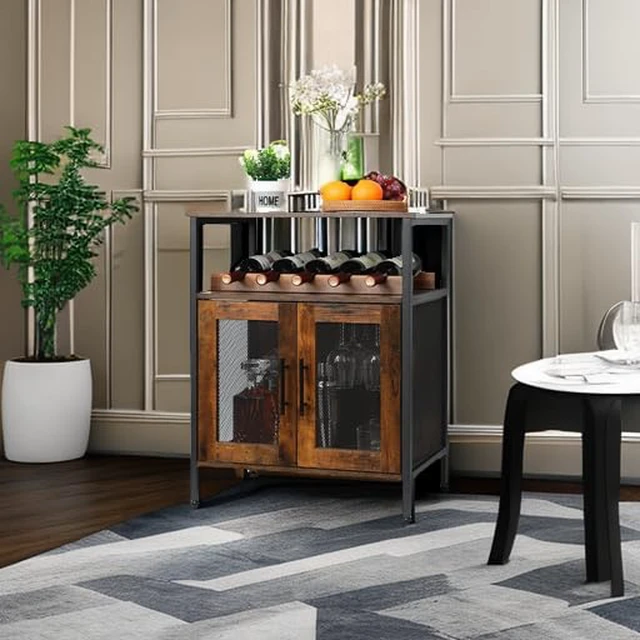 Alt view image 5 of 7 - Wine Bar Rack Cabinet with Detachable Wine Rack, Coffee Barwith Glass Holder, Small Sideboard and Buffet Cabinet with Mesh Door, Rustic Brown(Patent Pending)